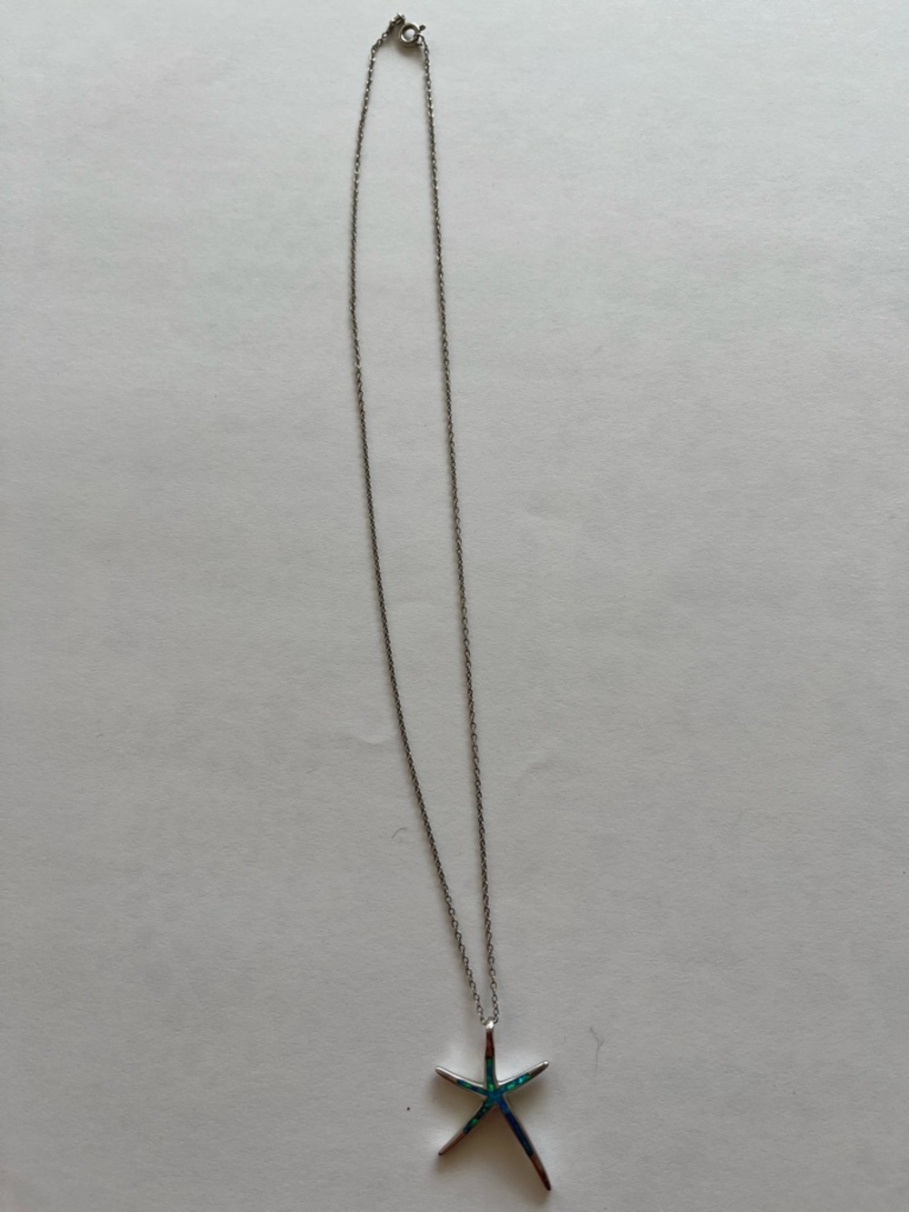 Silver Starfish Pendant Necklace with Blue-Green Inlay